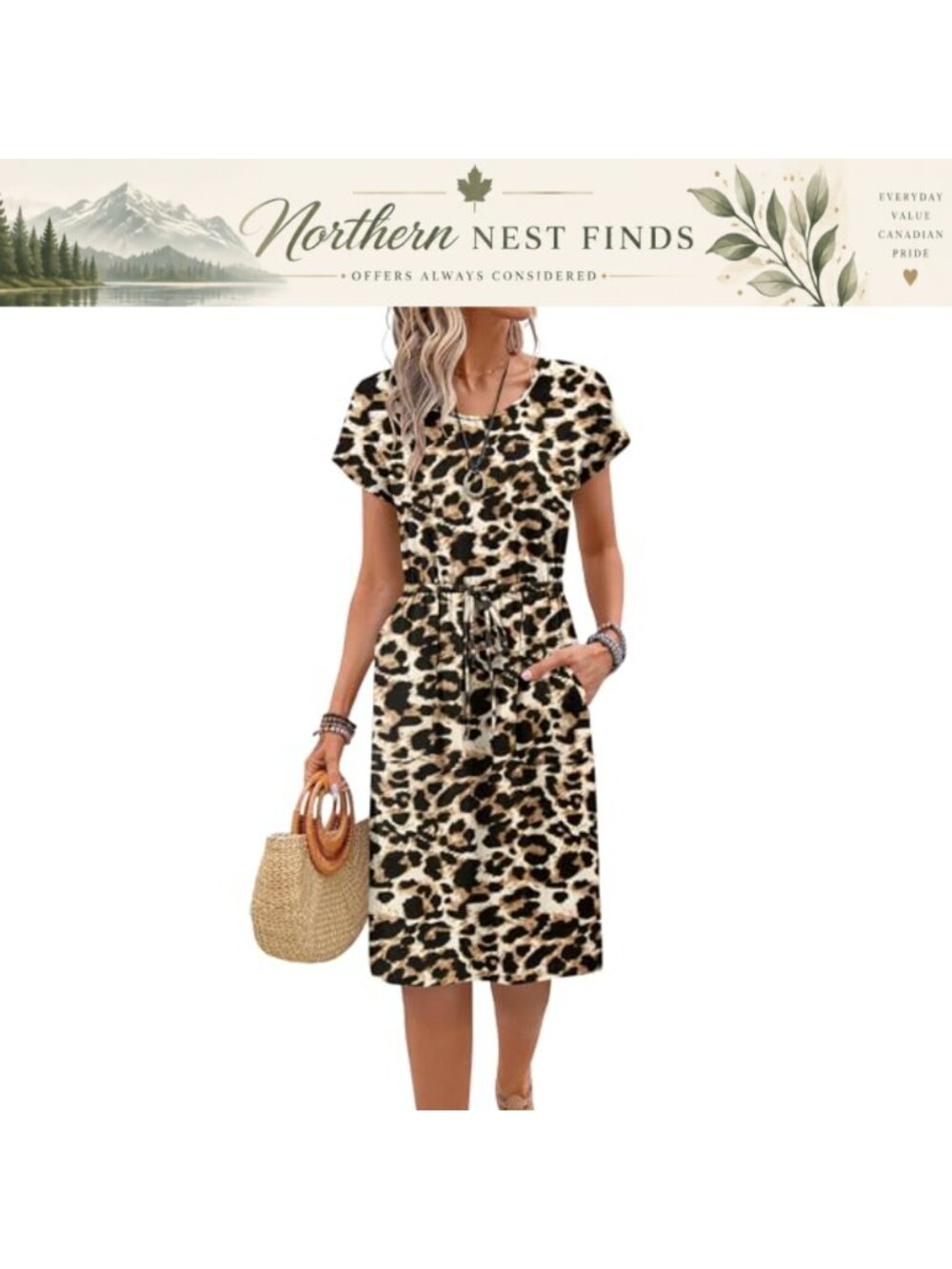 MISFAY Women's Short Sleeve Crew Neck A-Line Midi Casual Dress